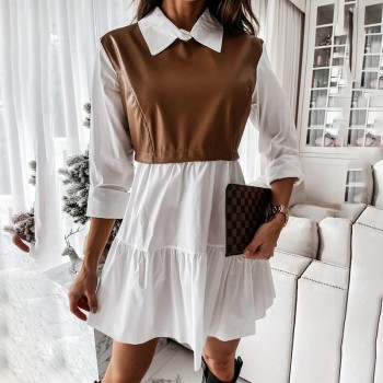 Casual Long Sleeve Mini Shirt Dress For Women White 2021 Spring PU Leather Patchwork Plaid Woman Dresses